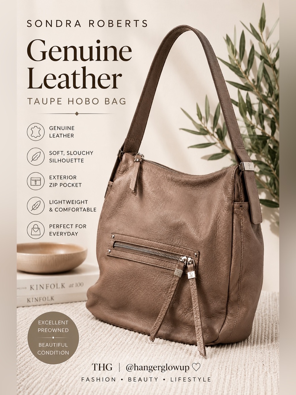 Sondra Roberts Genuine Leather Taupe Hobo Shoulder Bag Slouchy Minimalist